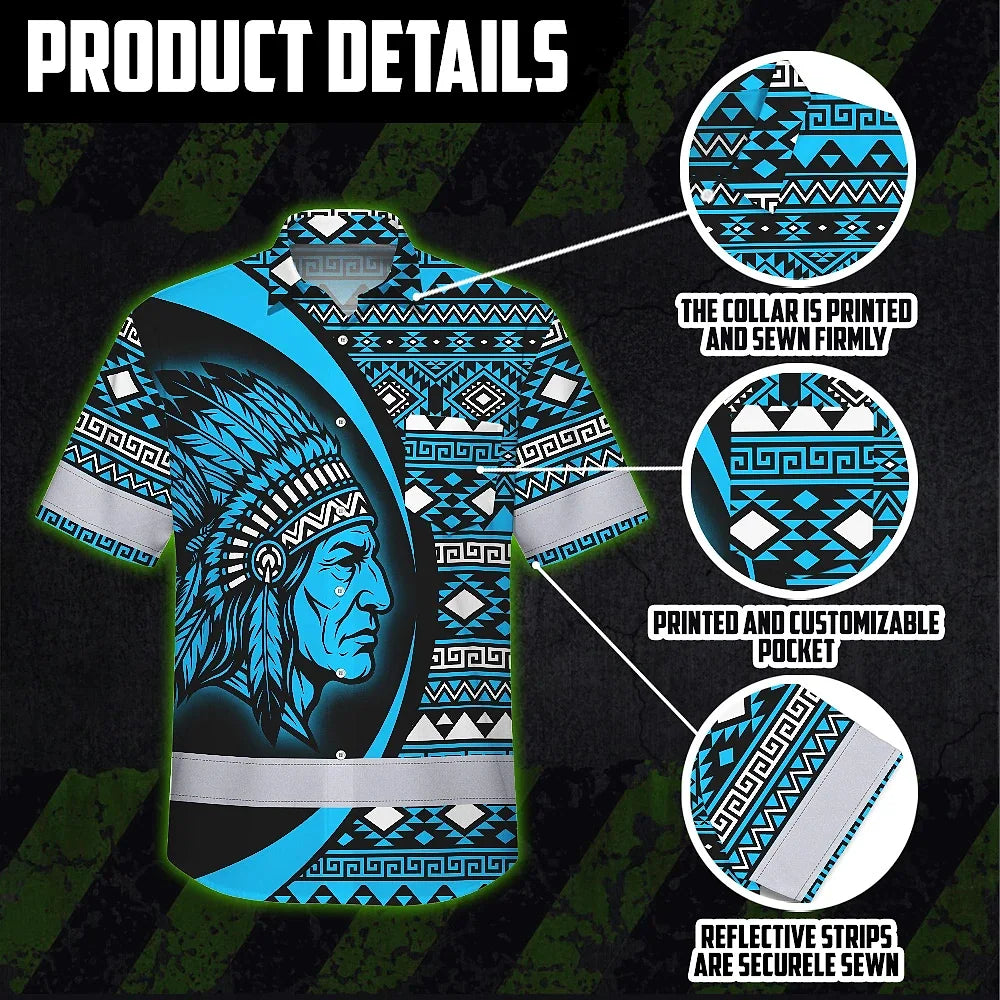 Hi Vis Hawaiian Shirt Reflective Tapes Blue Native Custom Name Safety Workwear For Workers, Truckers, Operators