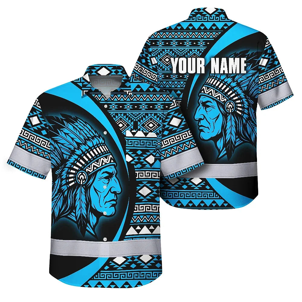 Hi Vis Hawaiian Shirt Reflective Tapes Blue Native Custom Name Safety Workwear For Workers, Truckers, Operators
