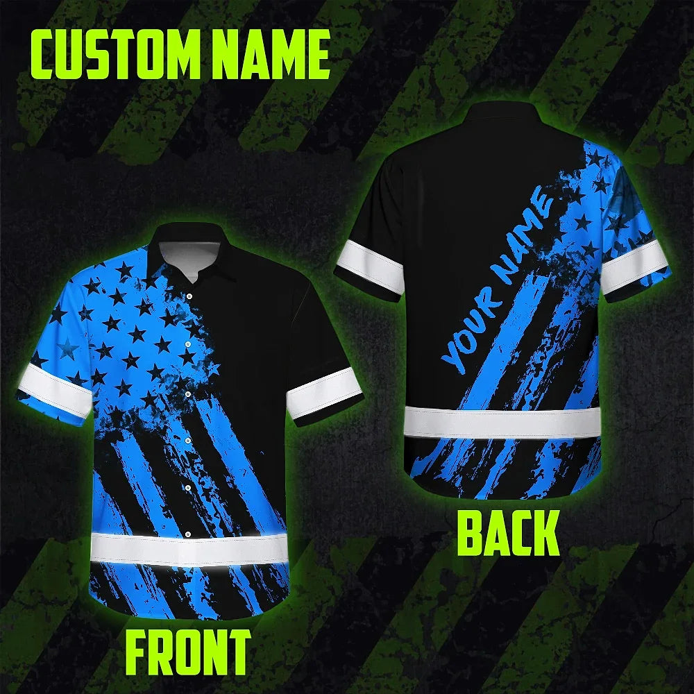 Hi Vis Hawaiian Shirt Reflective Tapes Blue Neon And Black US Flag