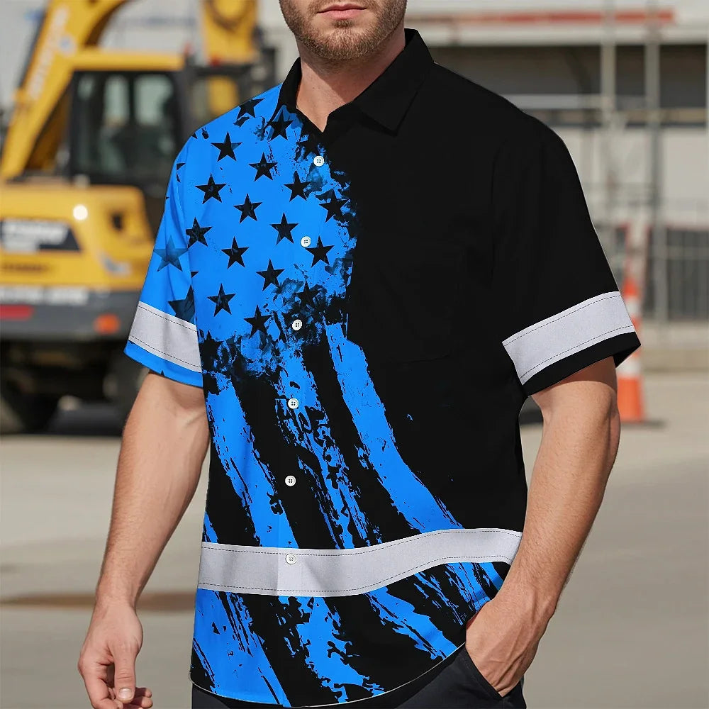 Hi Vis Hawaiian Shirt Reflective Tapes Blue Neon And Black US Flag