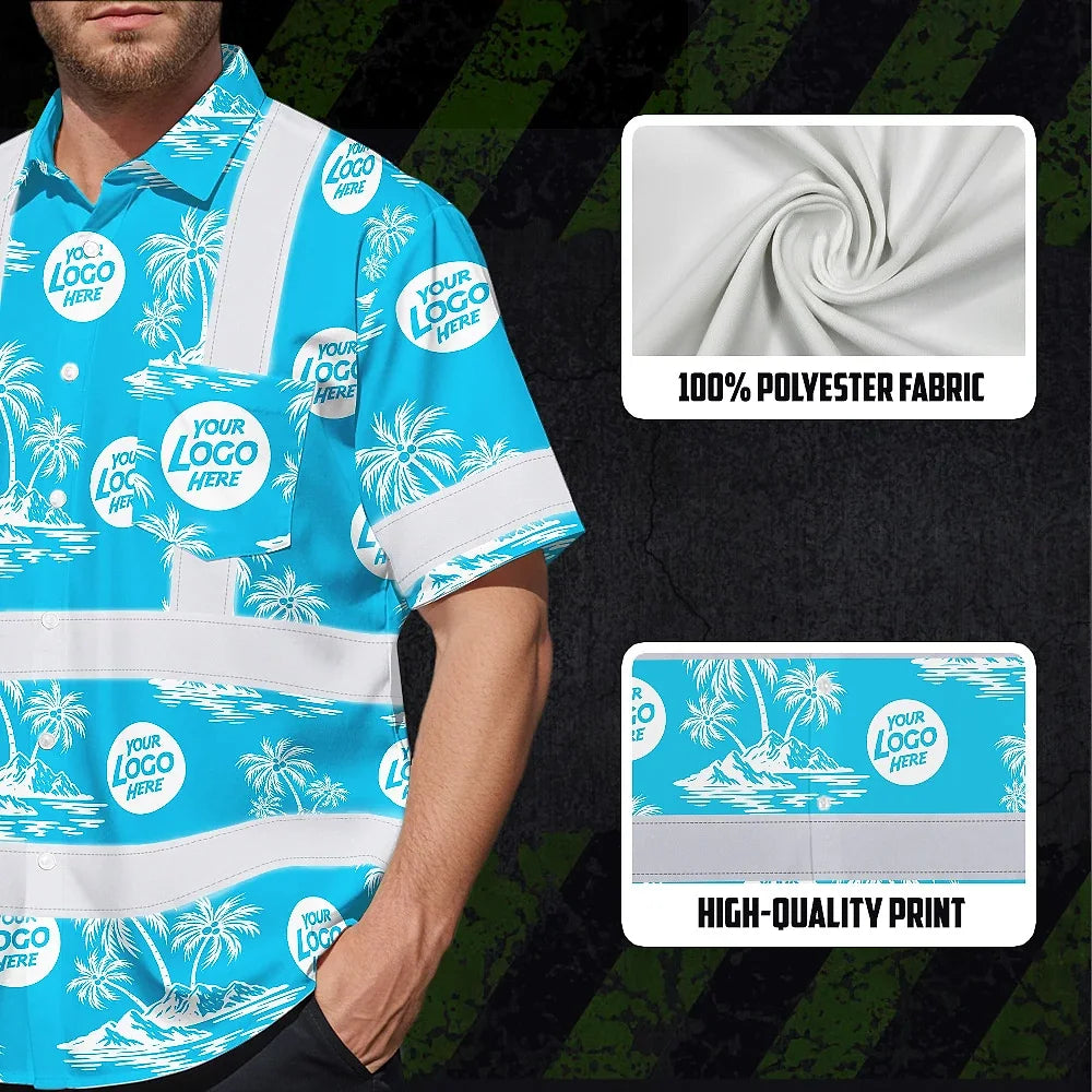 Hi Vis Hawaiian Shirt Reflective Tapes Blue Neon And White Flowers Custom Name And Logo Safety Workwear For Workers, Truckers, Operators, Company