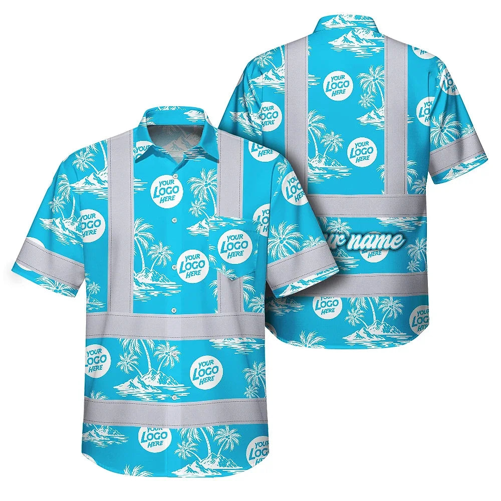 Hi Vis Hawaiian Shirt Reflective Tapes Blue Neon And White Flowers Custom Name And Logo Safety Workwear For Workers, Truckers, Operators, Company