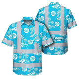 Hi Vis Hawaiian Shirt Reflective Tapes Blue Neon And White Flowers Custom Name And Logo Safety Workwear For Workers, Truckers, Operators, Company