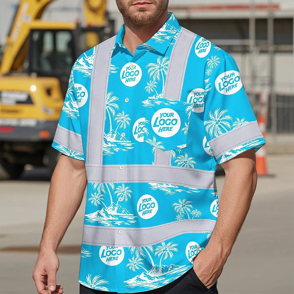 Hi Vis Hawaiian Shirt Reflective Tapes Blue Neon And White Flowers Custom Name And Logo Safety Workwear For Workers, Truckers, Operators, Company