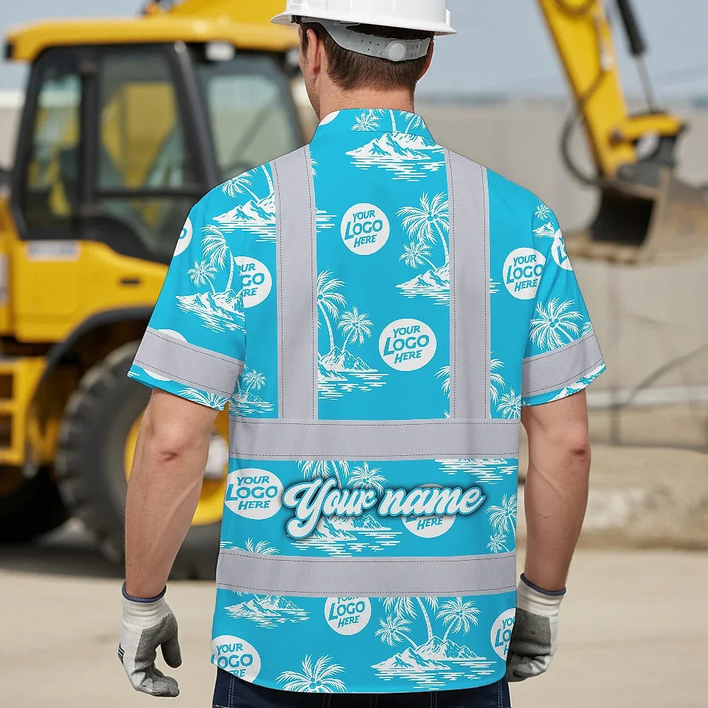 Hi Vis Hawaiian Shirt Reflective Tapes Blue Neon And White Flowers Custom Name And Logo Safety Workwear For Workers, Truckers, Operators, Company