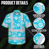 Hi Vis Hawaiian Shirt Reflective Tapes Blue Neon And White Flowers Custom Name And Logo Safety Workwear For Workers, Truckers, Operators, Company