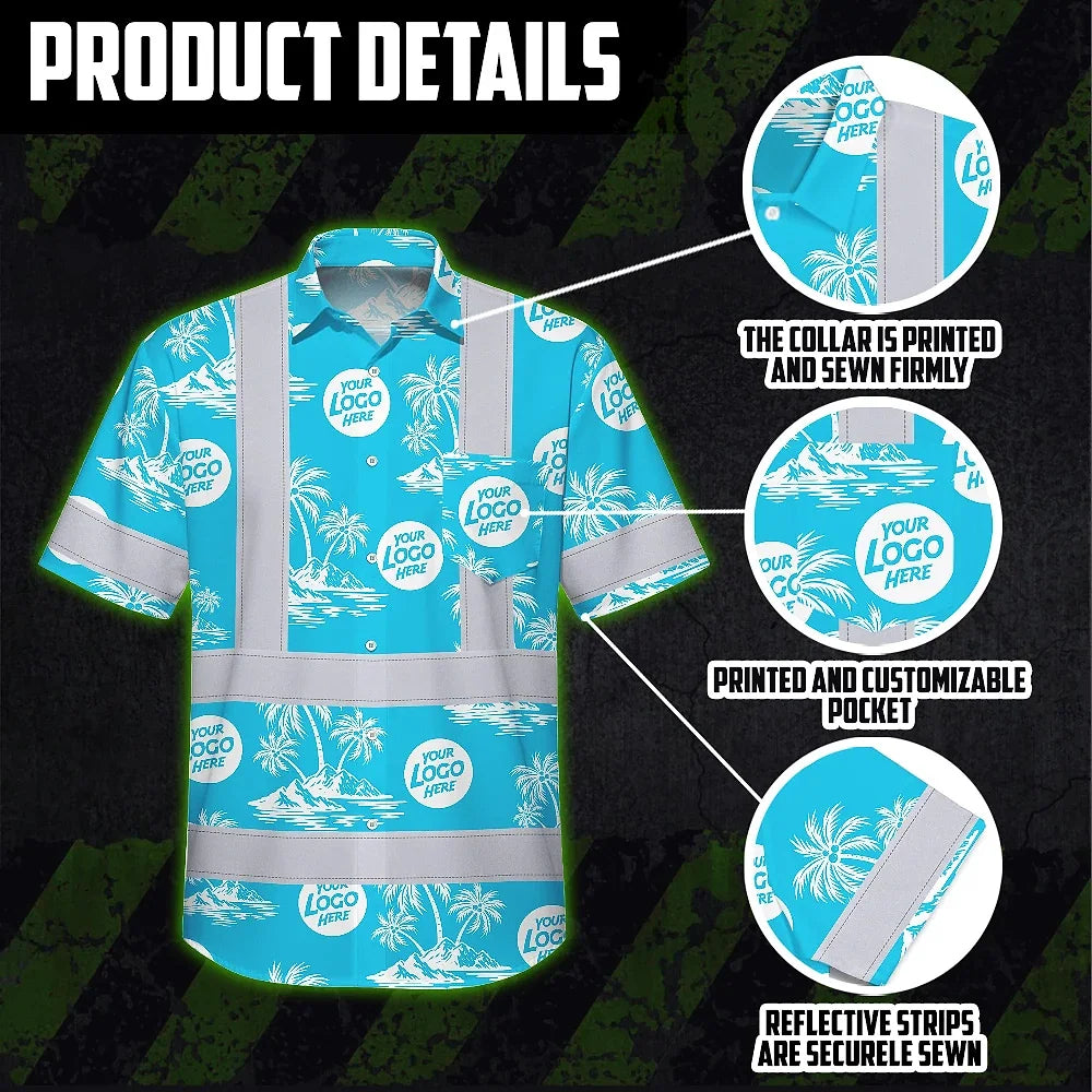 Hi Vis Hawaiian Shirt Reflective Tapes Blue Neon And White Flowers Custom Name And Logo Safety Workwear For Workers, Truckers, Operators, Company