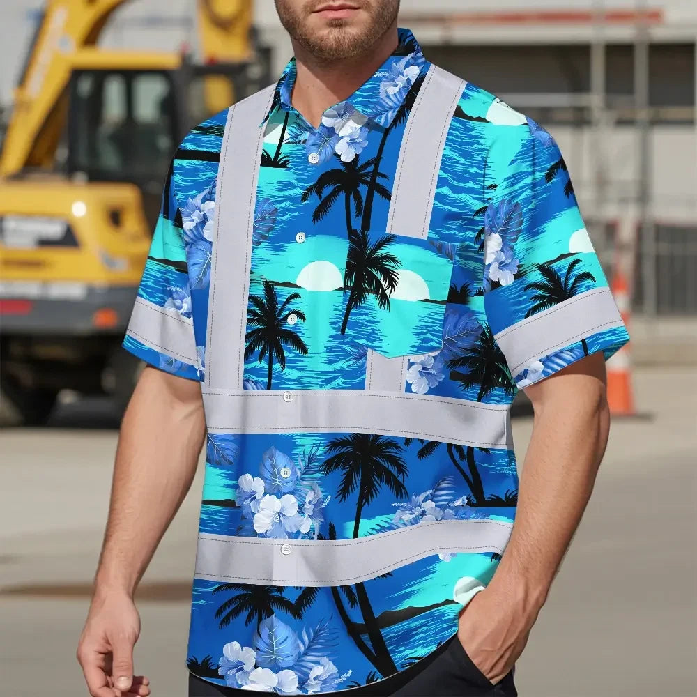 Hi Vis Hawaiian Shirt Reflective Tapes Blue Neon Flowers 4 Custom Name