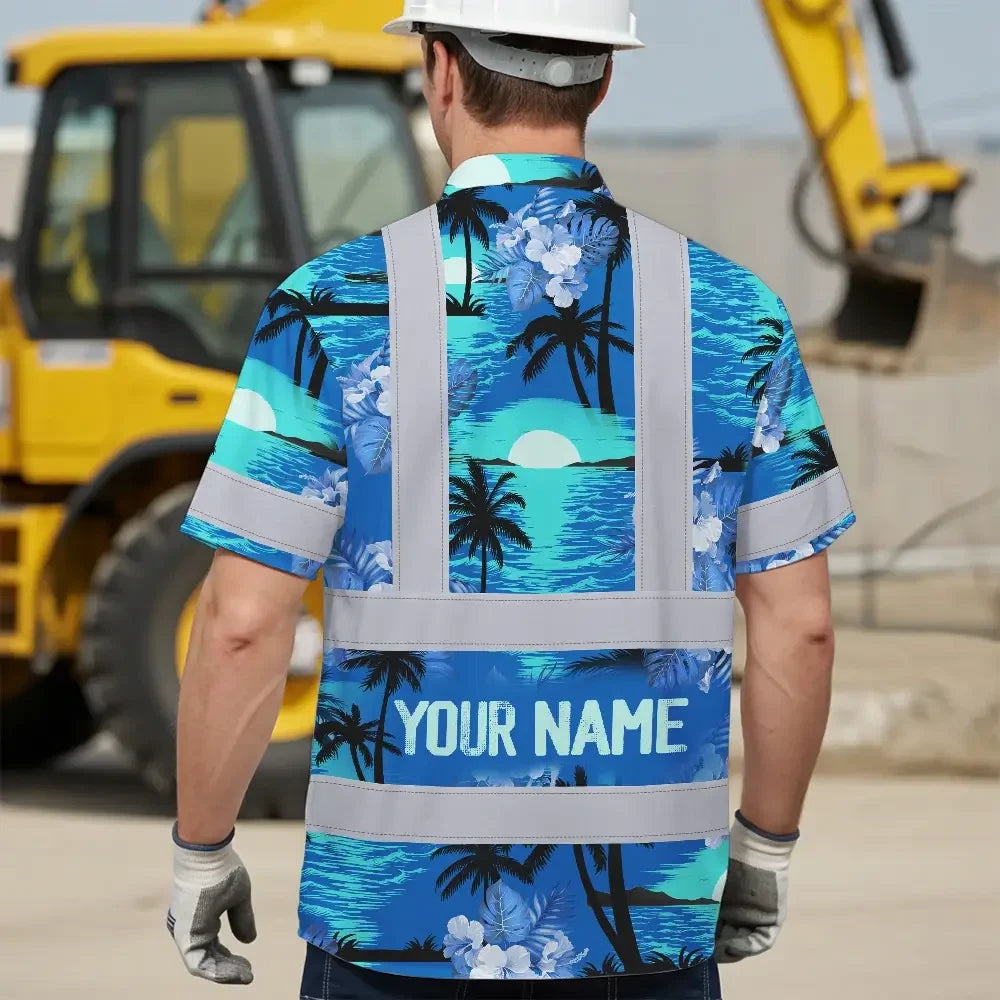 Hi Vis Hawaiian Shirt Reflective Tapes Blue Neon Flowers 4 Custom Name