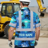 Hi Vis Hawaiian Shirt Reflective Tapes Blue Neon Flowers 4 Custom Name