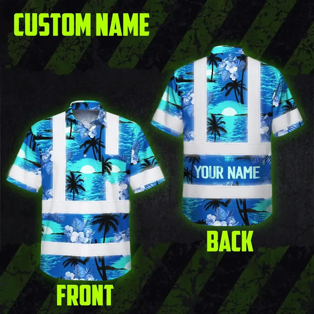 Hi Vis Hawaiian Shirt Reflective Tapes Blue Neon Flowers 4 Custom Name