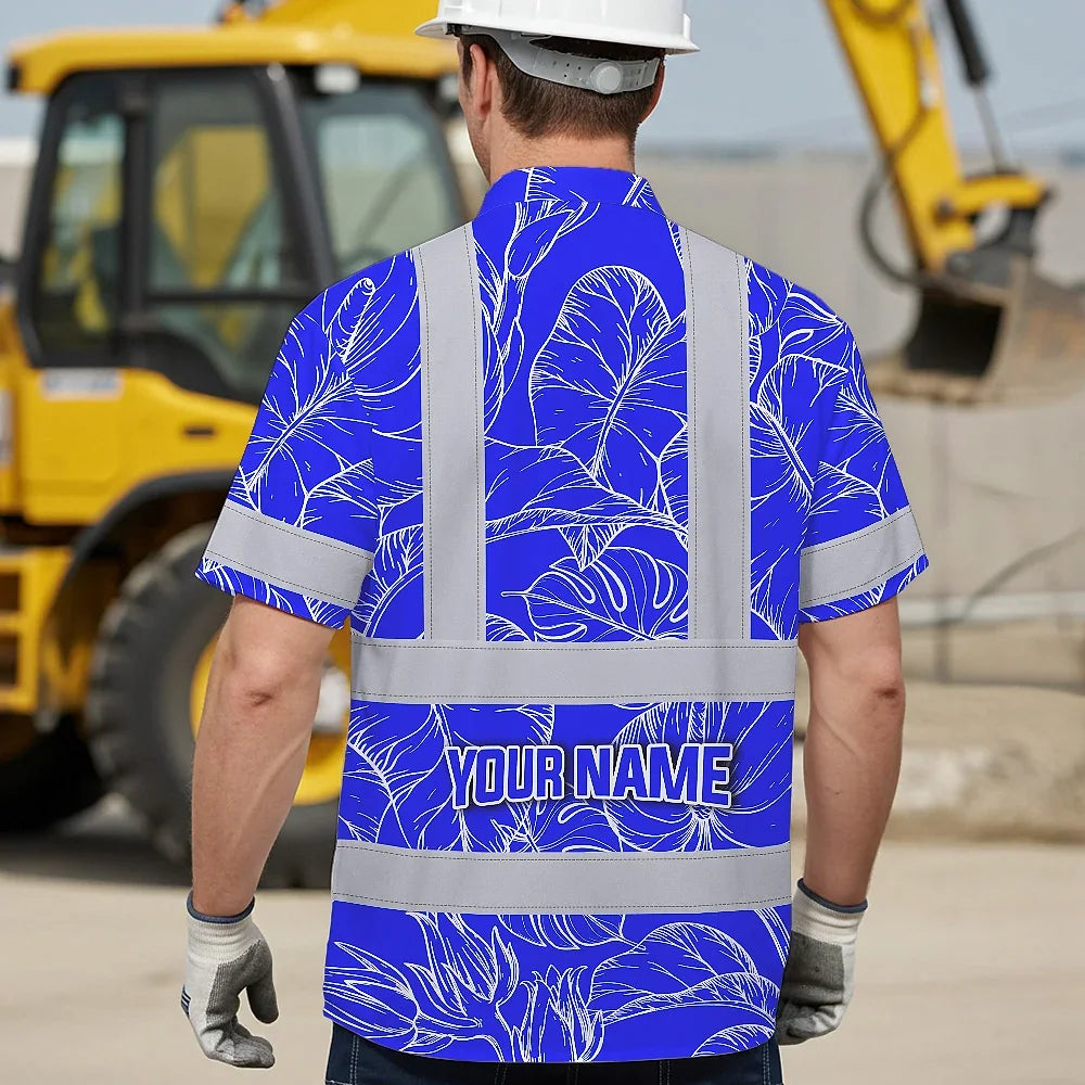 Hi Vis Hawaiian Shirt Reflective Tapes Blue Neon Flowers Custom Name Safety Workwear For Workers, Truckers, Operators