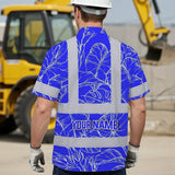 Hi Vis Hawaiian Shirt Reflective Tapes Blue Neon Flowers Custom Name Safety Workwear For Workers, Truckers, Operators