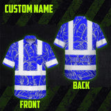 Hi Vis Hawaiian Shirt Reflective Tapes Blue Neon Flowers Custom Name Safety Workwear For Workers, Truckers, Operators