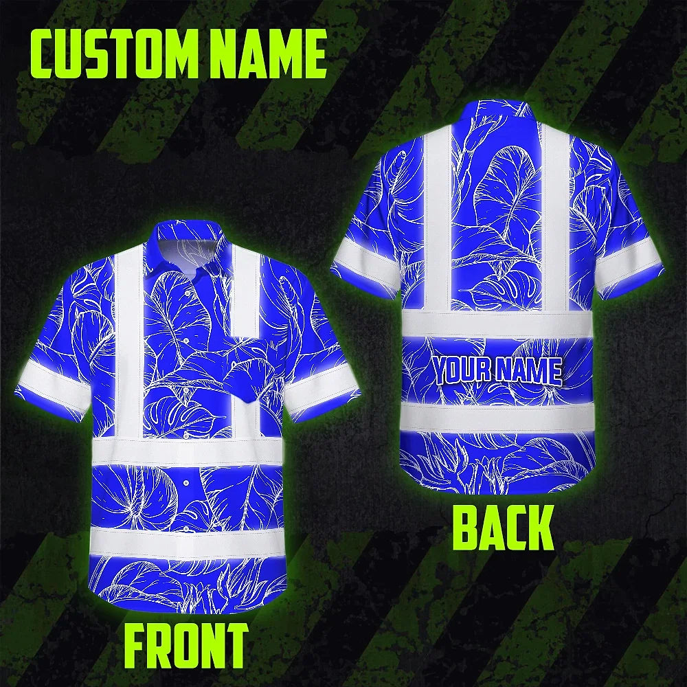 Hi Vis Hawaiian Shirt Reflective Tapes Blue Neon Flowers Custom Name Safety Workwear For Workers, Truckers, Operators