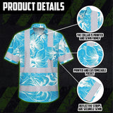 Hi Vis Hawaiian Shirt Reflective Tapes Blue Neon Flowers Custom Name Safety Workwear For Workers, Truckers, Operators
