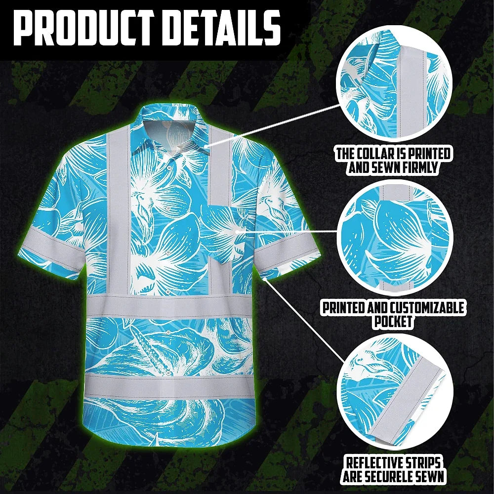 Hi Vis Hawaiian Shirt Reflective Tapes Blue Neon Flowers Custom Name Safety Workwear For Workers, Truckers, Operators