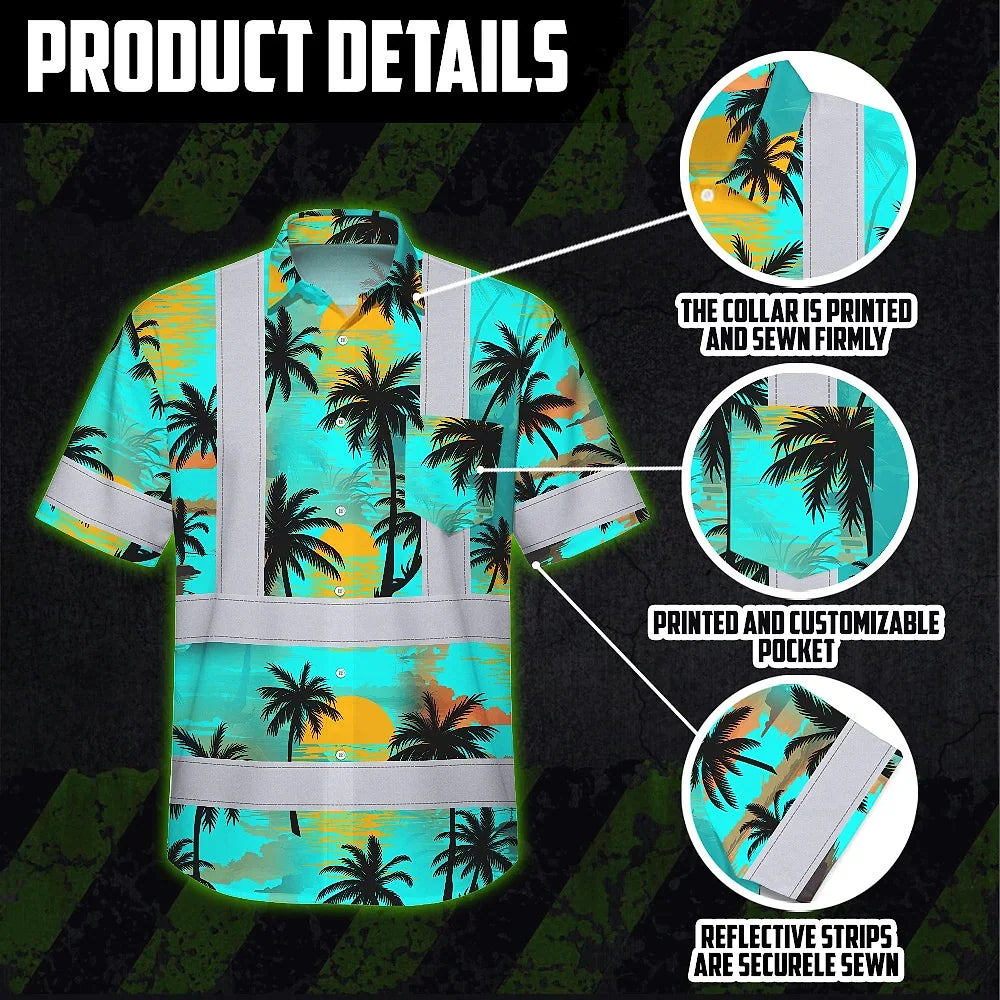 Hi Vis Hawaiian Shirt Reflective Tapes Blue Neon Flowers Custom Name Safety Workwear For Truckers, Operators