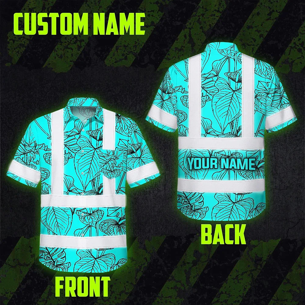Hi Vis Hawaiian Shirt Reflective Tapes Blue Neon Flowers Custom Name Safety Workwear For Workers, Truckers, Operators