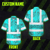 Hi Vis Hawaiian Shirt Reflective Tapes Blue Neon Flowers Custom Name Safety Workwear For Workers, Truckers, Operators