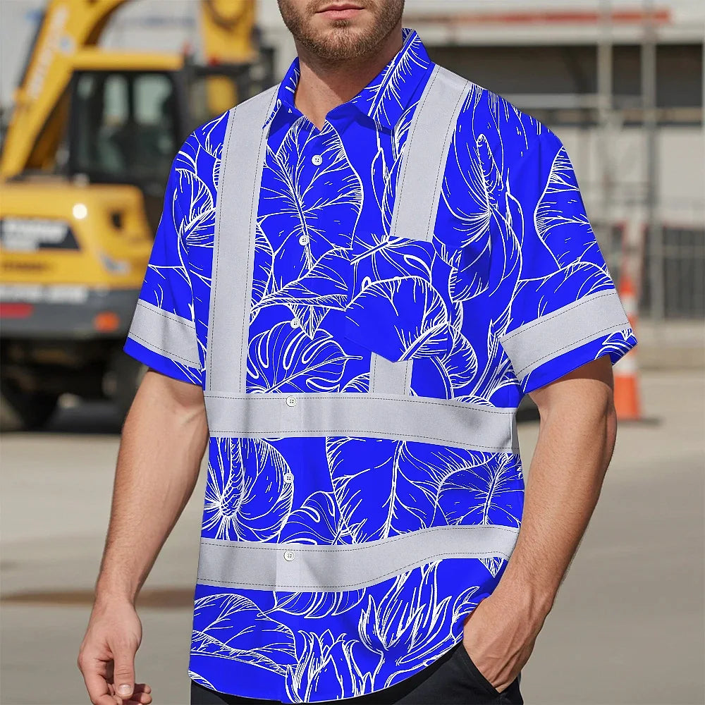 Hi Vis Hawaiian Shirt Reflective Tapes Blue Neon Flowers Custom Name Safety Workwear For Workers, Truckers, Operators