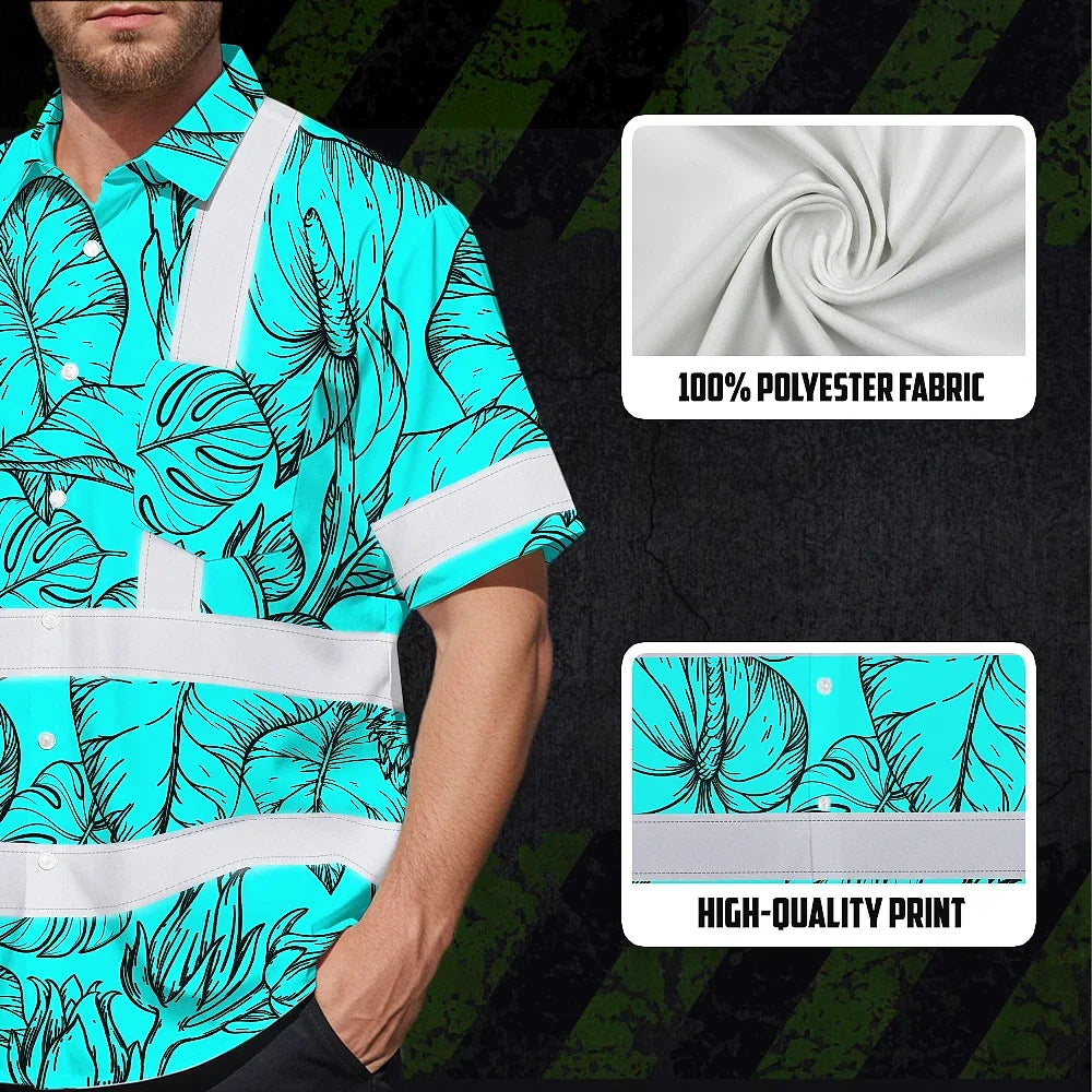 Hi Vis Hawaiian Shirt Reflective Tapes Blue Neon Flowers Custom Name Safety Workwear For Workers, Truckers, Operators