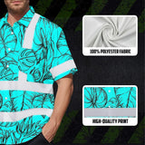 Hi Vis Hawaiian Shirt Reflective Tapes Blue Neon Flowers Custom Name Safety Workwear For Workers, Truckers, Operators