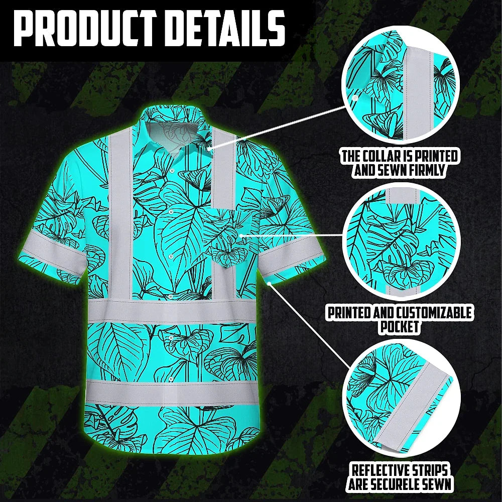 Hi Vis Hawaiian Shirt Reflective Tapes Blue Neon Flowers Custom Name Safety Workwear For Workers, Truckers, Operators