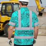 Hi Vis Hawaiian Shirt Reflective Tapes Blue Neon Flowers Custom Name Safety Workwear For Workers, Truckers, Operators