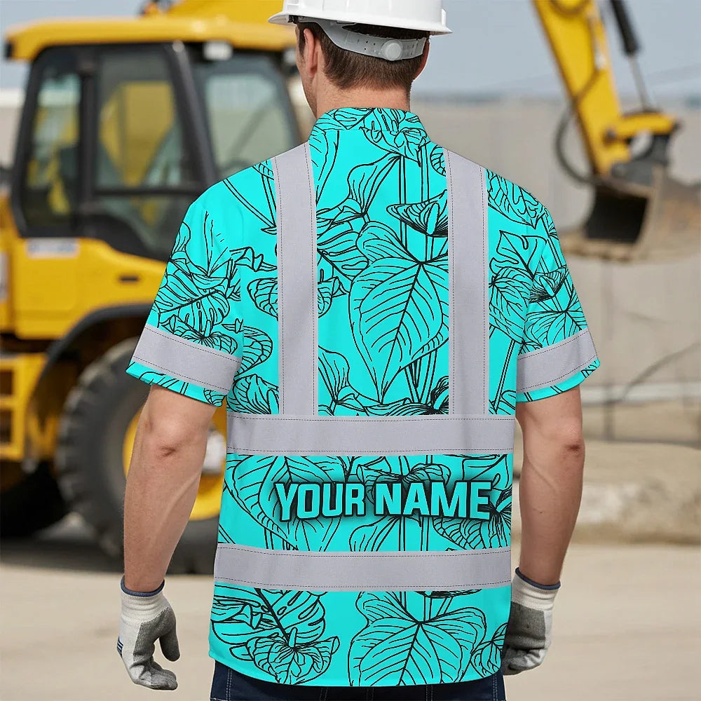 Hi Vis Hawaiian Shirt Reflective Tapes Blue Neon Flowers Custom Name Safety Workwear For Workers, Truckers, Operators