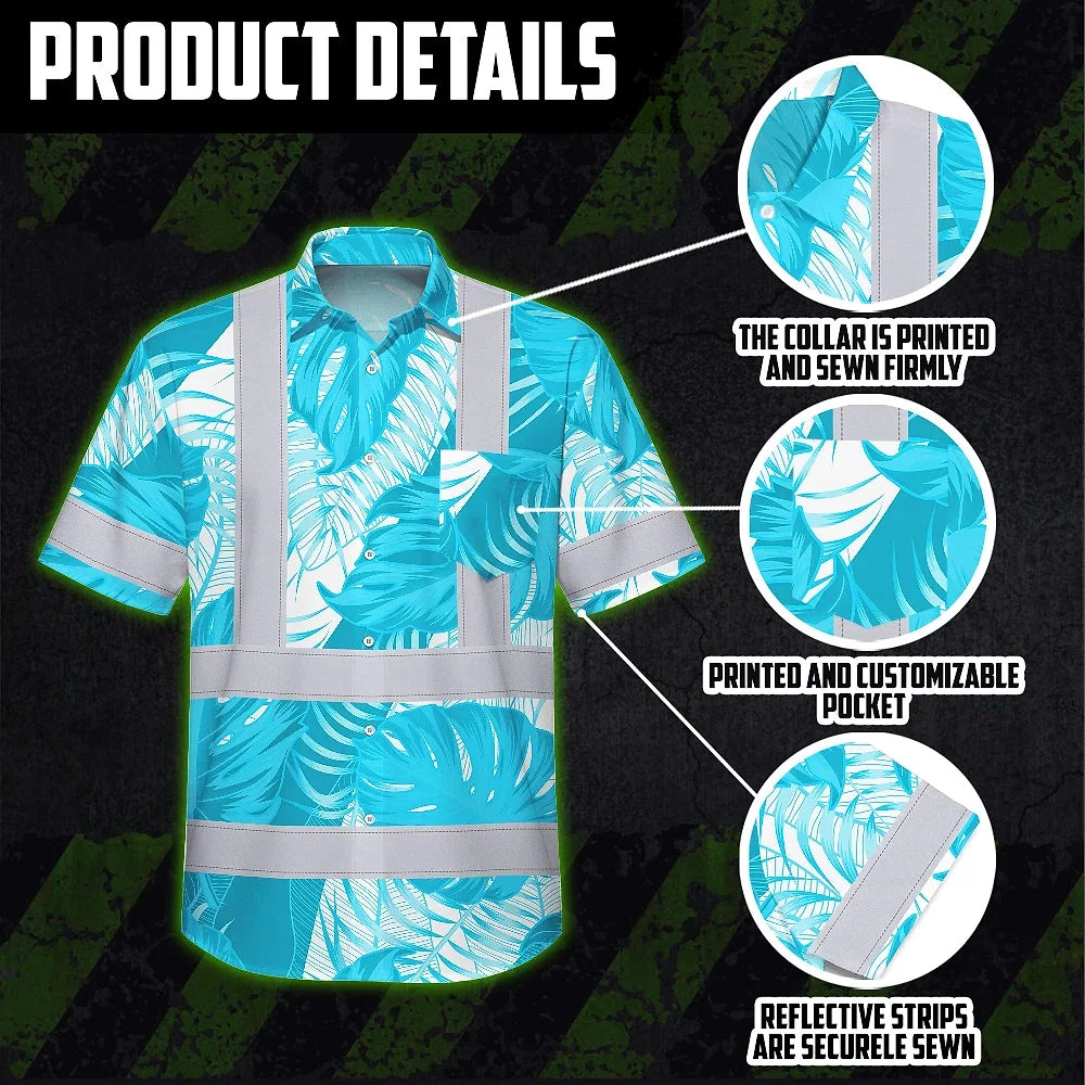Hi Vis Hawaiian Shirt Reflective Tapes Blue Neon Flowers Custom Name Safety Workwear For Workers, Truckers, Operators