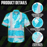 Hi Vis Hawaiian Shirt Reflective Tapes Blue Neon Flowers Custom Name Safety Workwear For Workers, Truckers, Operators