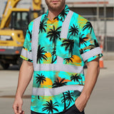 Hi Vis Hawaiian Shirt Reflective Tapes Blue Neon Flowers Custom Name Safety Workwear For Truckers, Operators
