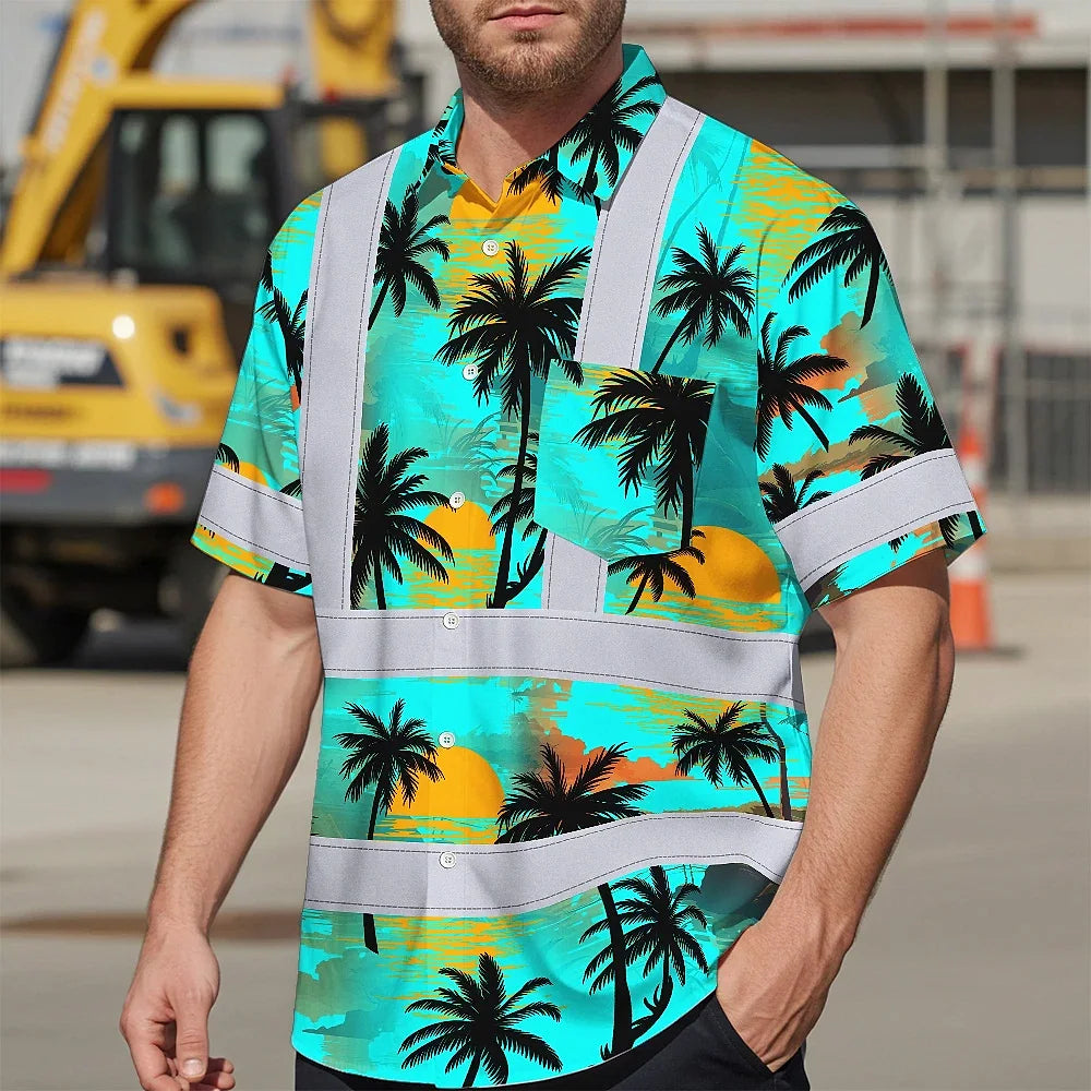 Hi Vis Hawaiian Shirt Reflective Tapes Blue Neon Flowers Custom Name Safety Workwear For Truckers, Operators