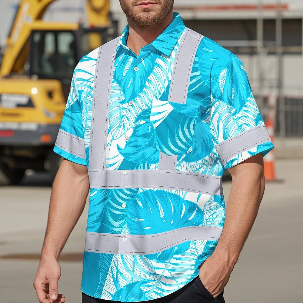 Hi Vis Hawaiian Shirt Reflective Tapes Blue Neon Flowers Custom Name Safety Workwear For Workers, Truckers, Operators