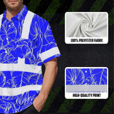 Hi Vis Hawaiian Shirt Reflective Tapes Blue Neon Flowers Custom Name Safety Workwear For Workers, Truckers, Operators