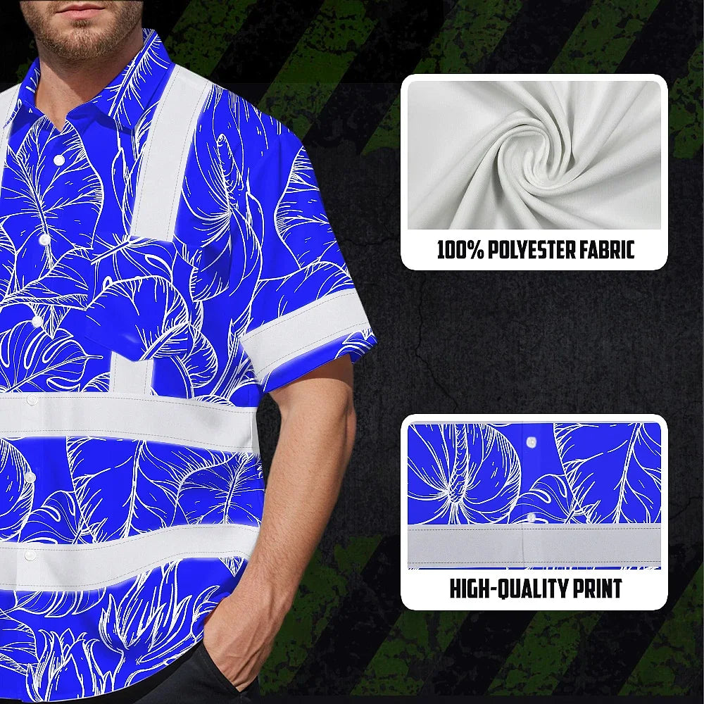 Hi Vis Hawaiian Shirt Reflective Tapes Blue Neon Flowers Custom Name Safety Workwear For Workers, Truckers, Operators