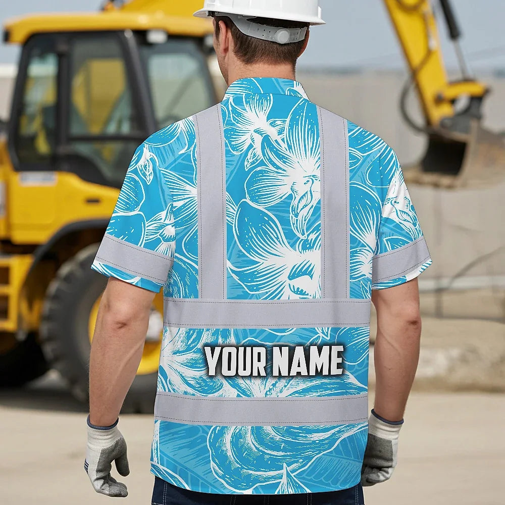 Hi Vis Hawaiian Shirt Reflective Tapes Blue Neon Flowers Custom Name Safety Workwear For Workers, Truckers, Operators