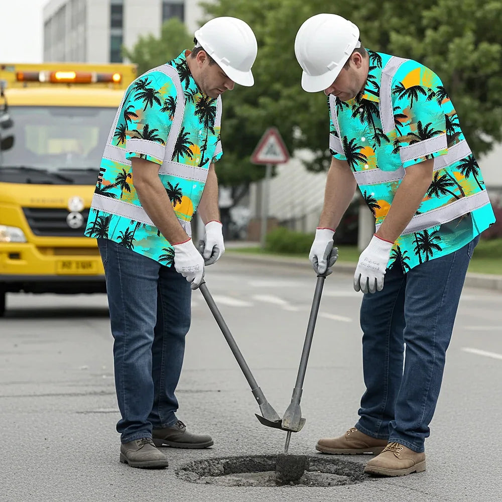 Hi Vis Hawaiian Shirt Reflective Tapes Blue Neon Flowers Custom Name Safety Workwear For Truckers, Operators