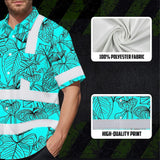 Hi Vis Hawaiian Shirt Reflective Tapes Blue Neon Flowers Custom Name Safety Workwear For Workers, Truckers, Operators
