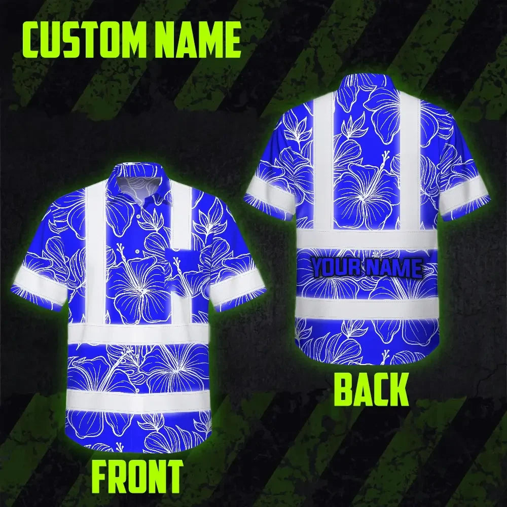 Choose Pack Hi Vis Hawaiian Shirt Reflective Tapes Orange Neon And Yellow Flowers Custom Name Safety Workwear For Workers, Truckers, Operators