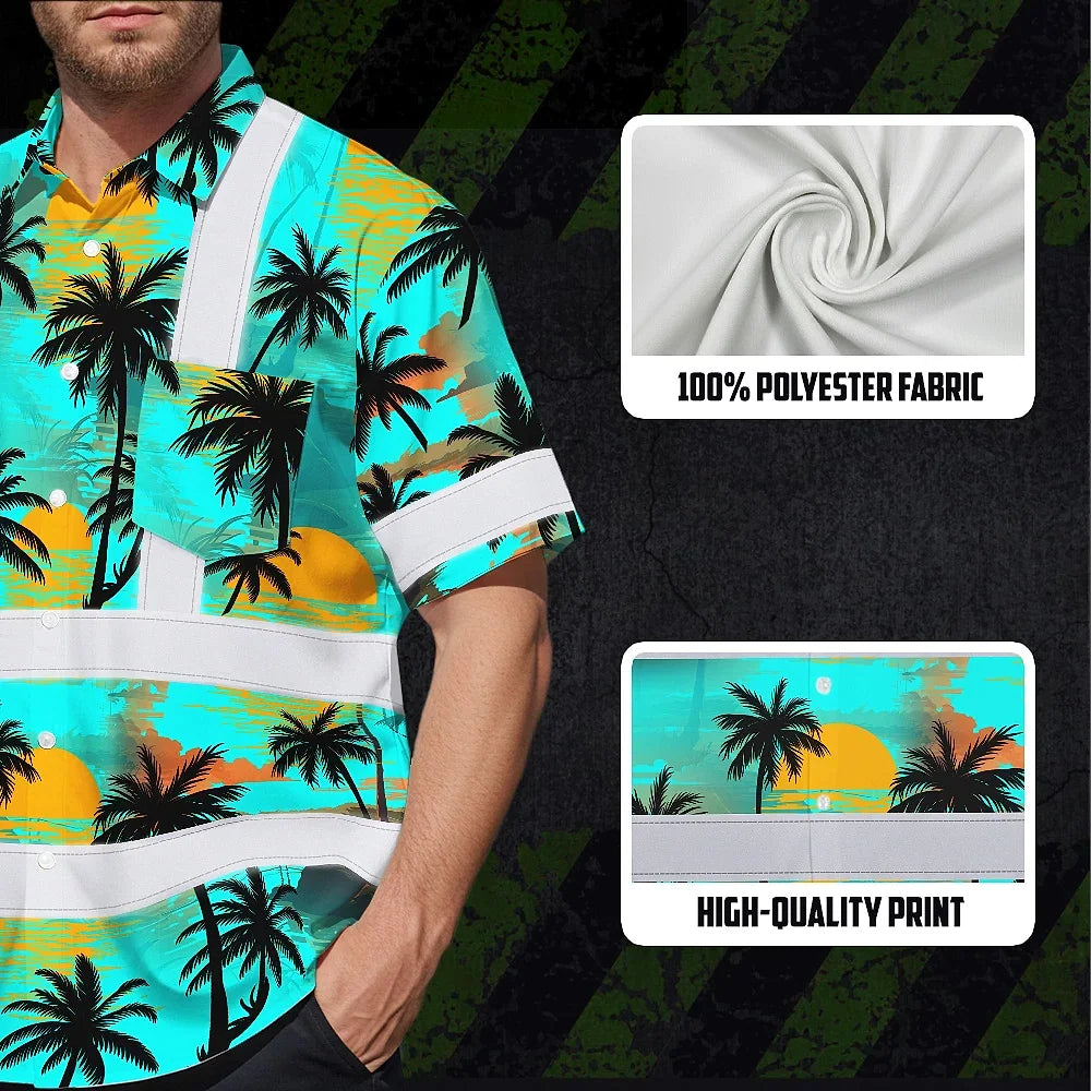 Hi Vis Hawaiian Shirt Reflective Tapes Blue Neon Flowers Custom Name Safety Workwear For Truckers, Operators