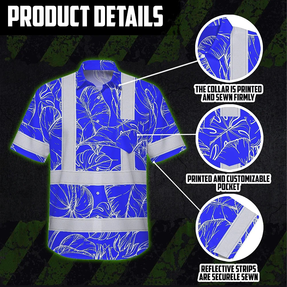 Hi Vis Hawaiian Shirt Reflective Tapes Blue Neon Flowers Custom Name Safety Workwear For Workers, Truckers, Operators