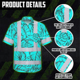 Hi Vis Hawaiian Shirt Reflective Tapes Blue Neon Flowers Custom Name Safety Workwear For Workers, Truckers, Operators