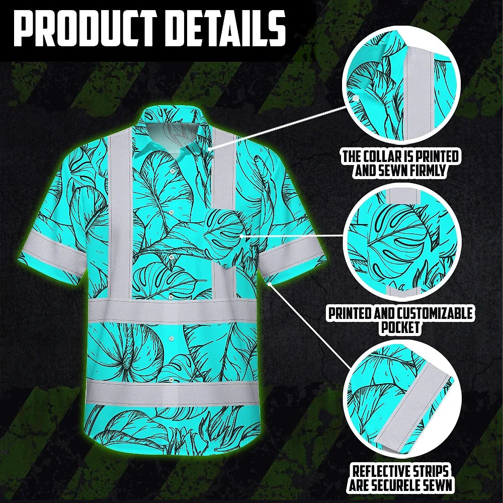 Hi Vis Hawaiian Shirt Reflective Tapes Blue Neon Flowers Custom Name Safety Workwear For Workers, Truckers, Operators
