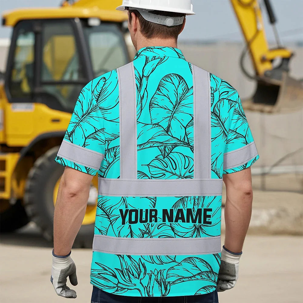 Hi Vis Hawaiian Shirt Reflective Tapes Blue Neon Flowers Custom Name Safety Workwear For Workers, Truckers, Operators
