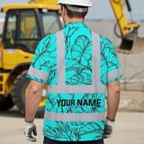 Hi Vis Hawaiian Shirt Reflective Tapes Blue Neon Flowers Custom Name Safety Workwear For Workers, Truckers, Operators
