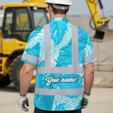 Hi Vis Hawaiian Shirt Reflective Tapes Blue Neon Flowers Custom Name Safety Workwear For Workers, Truckers, Operators
