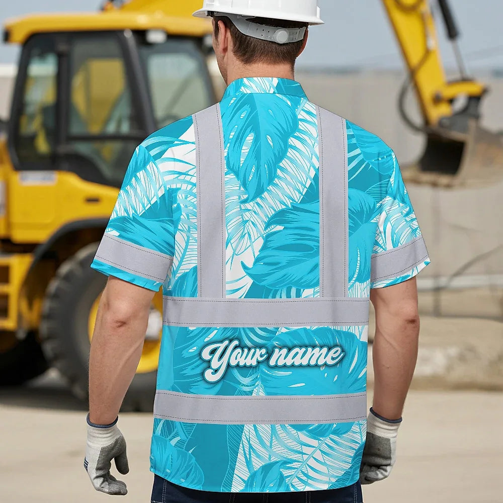 Hi Vis Hawaiian Shirt Reflective Tapes Blue Neon Flowers Custom Name Safety Workwear For Workers, Truckers, Operators
