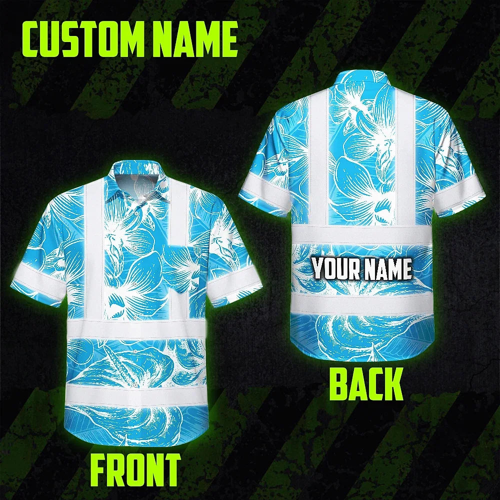 Hi Vis Hawaiian Shirt Reflective Tapes Blue Neon Flowers Custom Name Safety Workwear For Workers, Truckers, Operators
